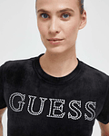 T-shirt Couture Curta em Veludo Preto - Guess