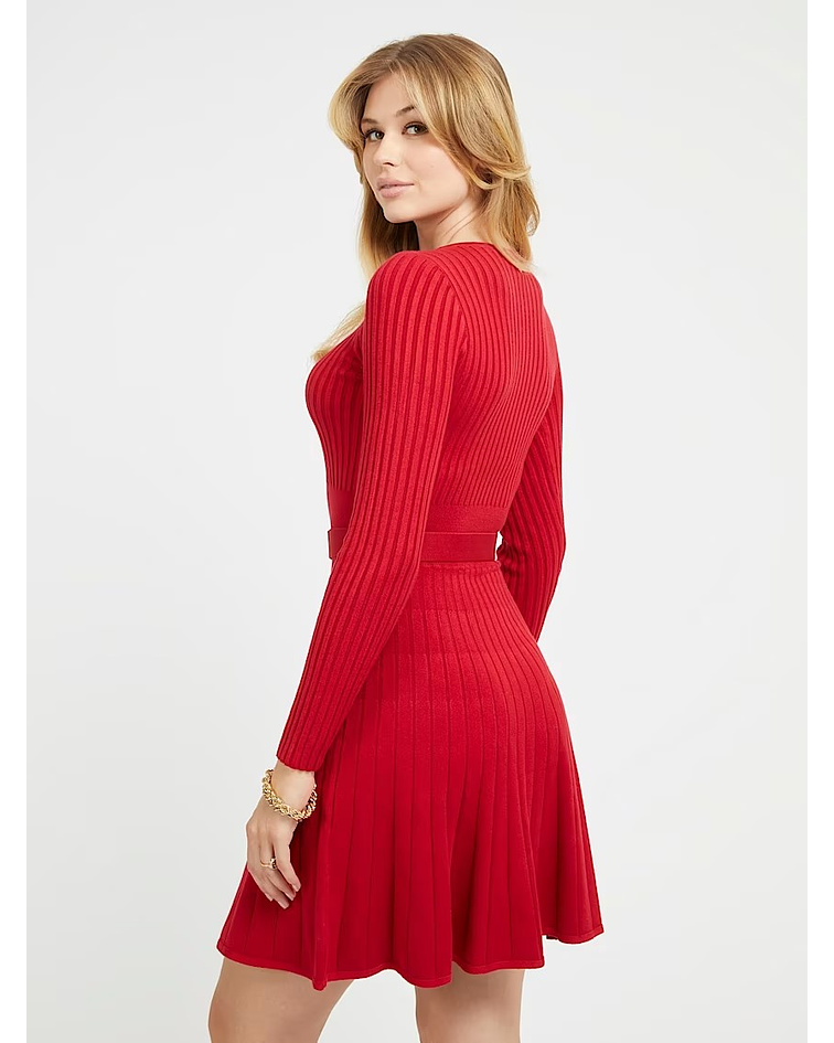 Vestido em Malha Plissado Paige com Cinto Vermelho - Guess