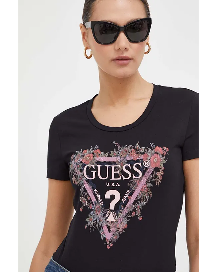 T-shirt Triângulo Floral Preto - Guess