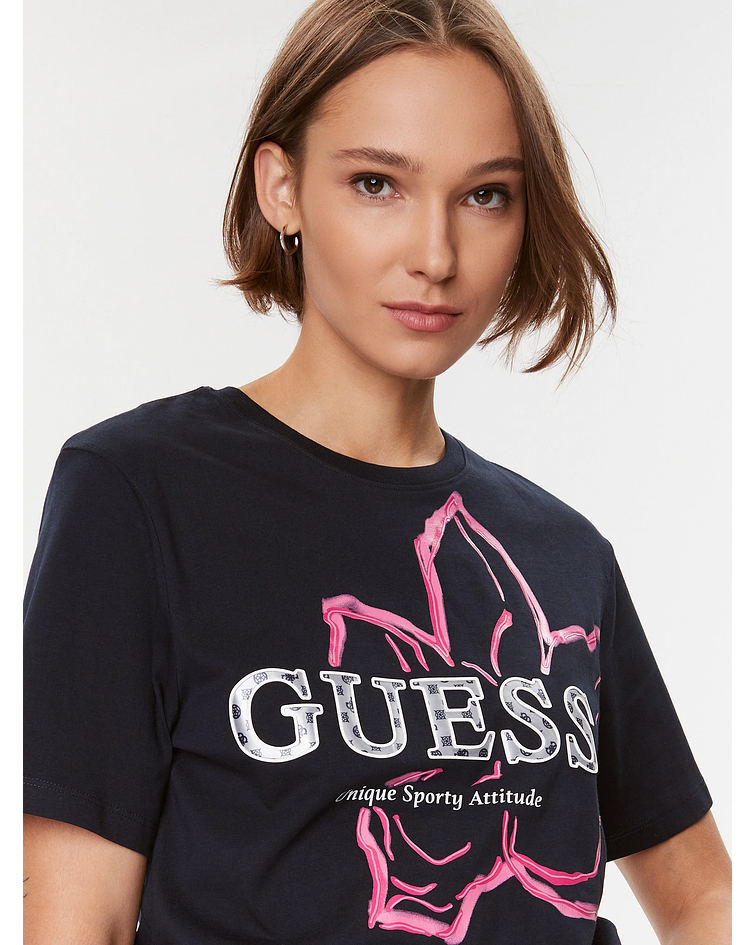 T-Shirt Ann com Lettering Floral Azul - Guess