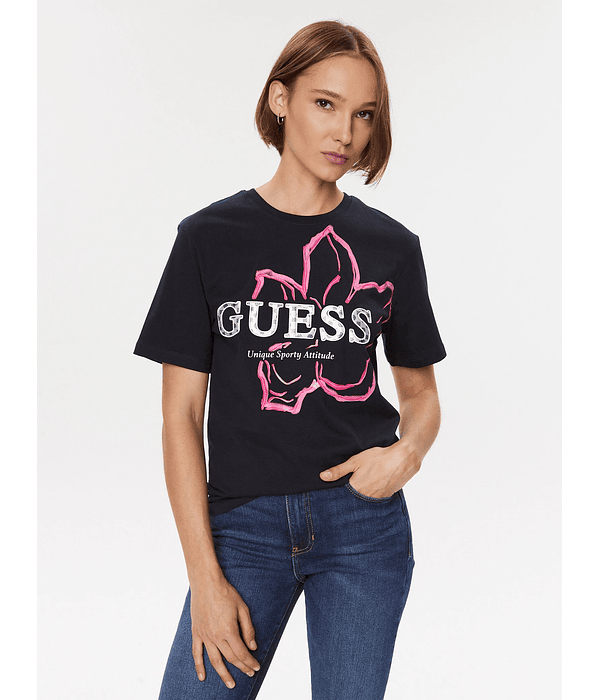 T-Shirt Ann com Lettering Floral Azul - Guess