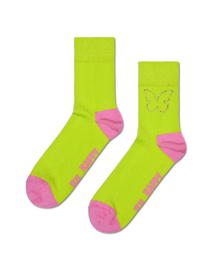 Meias com Borbuleta em Strass Amarelo/Rosa - Happy Socks