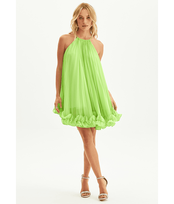 Vestido Curto e Plissado Verde Lima - Lança Perfume