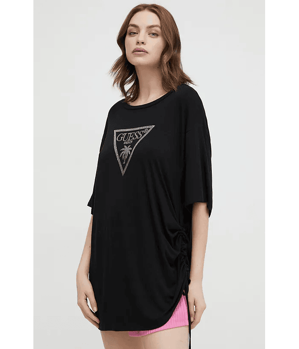 T-shirt Coulisse Oversized com Logo em Strass Preto - Guess