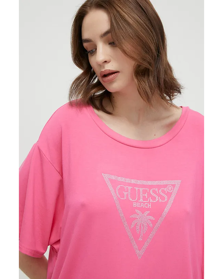 T-shirt Coulisse Oversized com Logo em Strass Rosa - Guess