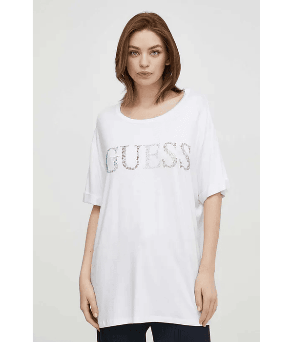 T-shirt Oversized com Logo em Strass Branco - Guess