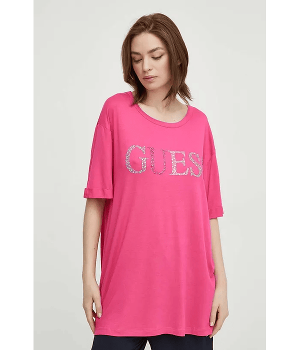 T-shirt Oversized com Logo em Strass Rosa - Guess