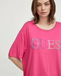 T-shirt Oversized com Logo em Strass Rosa - Guess