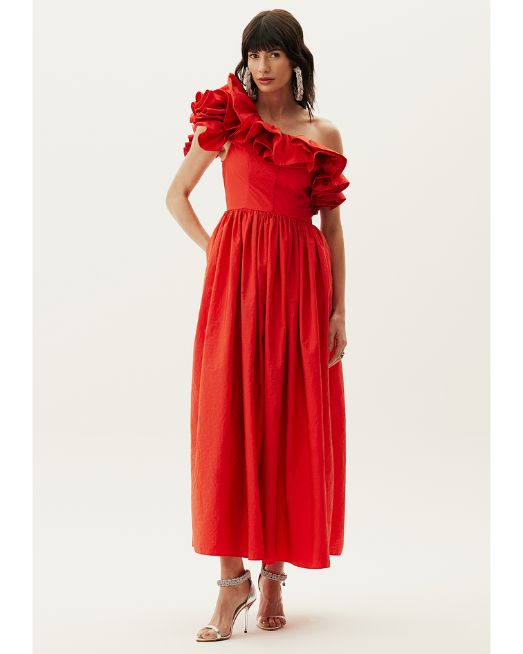 Vestido Comprido com Folho Vermelho - Lança Perfume