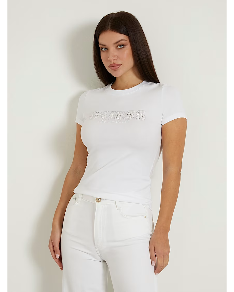 T-shirt com Logo Strass Branco - Guess