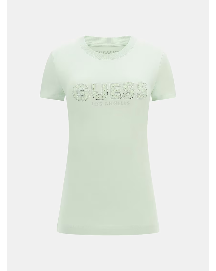 T-shirt com Logo Strass Verde Claro - Guess