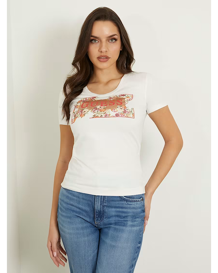 T-shirt com Logo Florido Branco - Guess