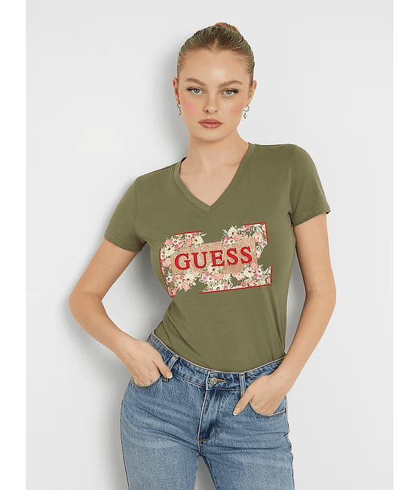 T-shirt com Logo Florido Verde - Guess