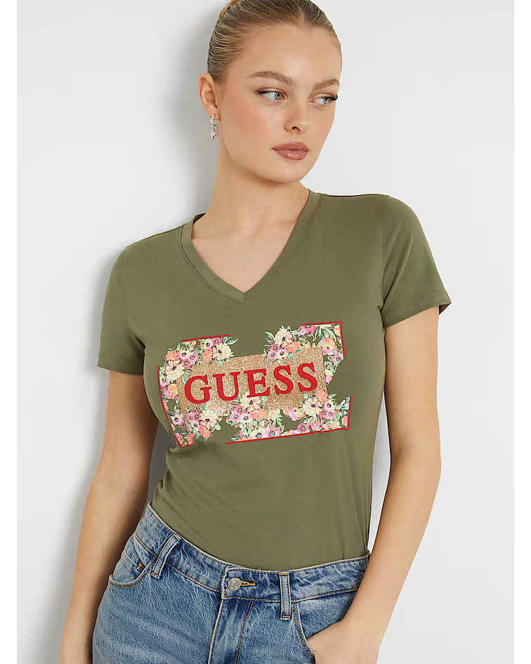T-shirt com Logo Florido Verde - Guess
