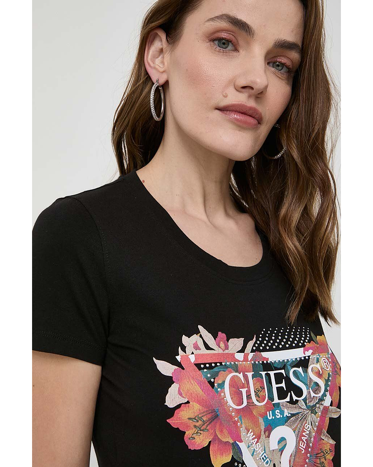 T-shirt com Logo Floral Preto - Guess