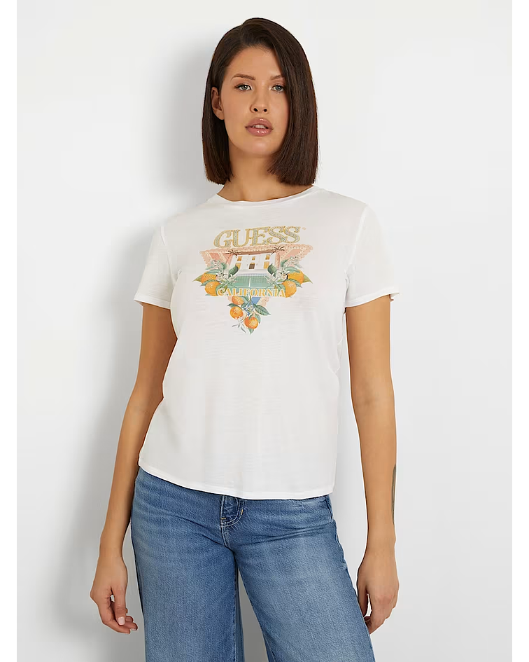 T-shirt com Estampado com Strass Branco - Guess