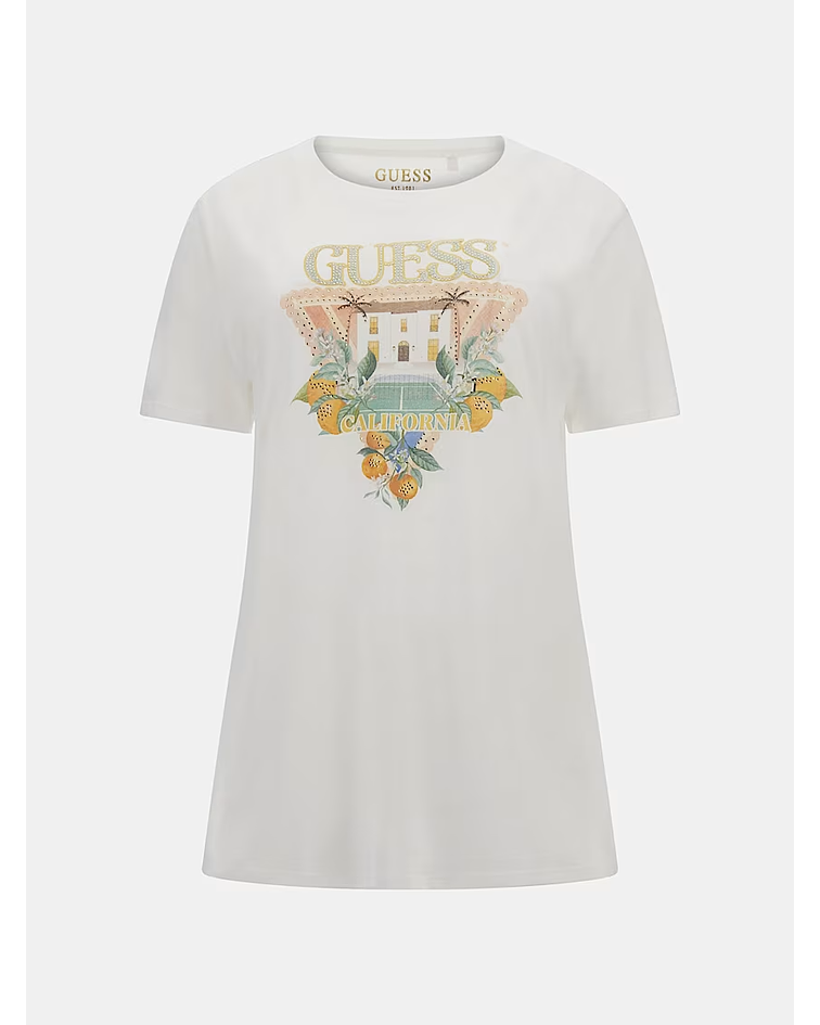 T-shirt com Estampado com Strass Branco - Guess