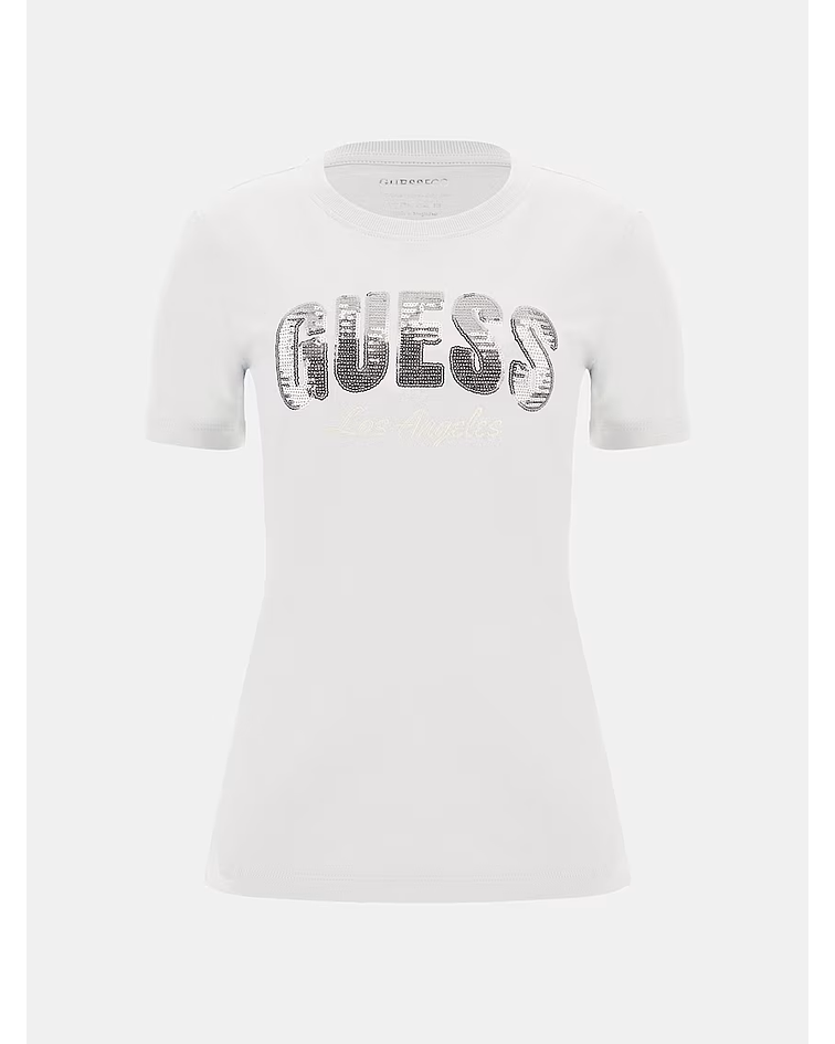 T-shirt com Logo em Strass Branco - Guess