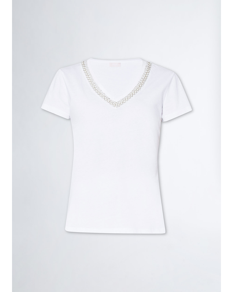 T-Shirt com Decote em V e Pérolas Branco - Liu Jo