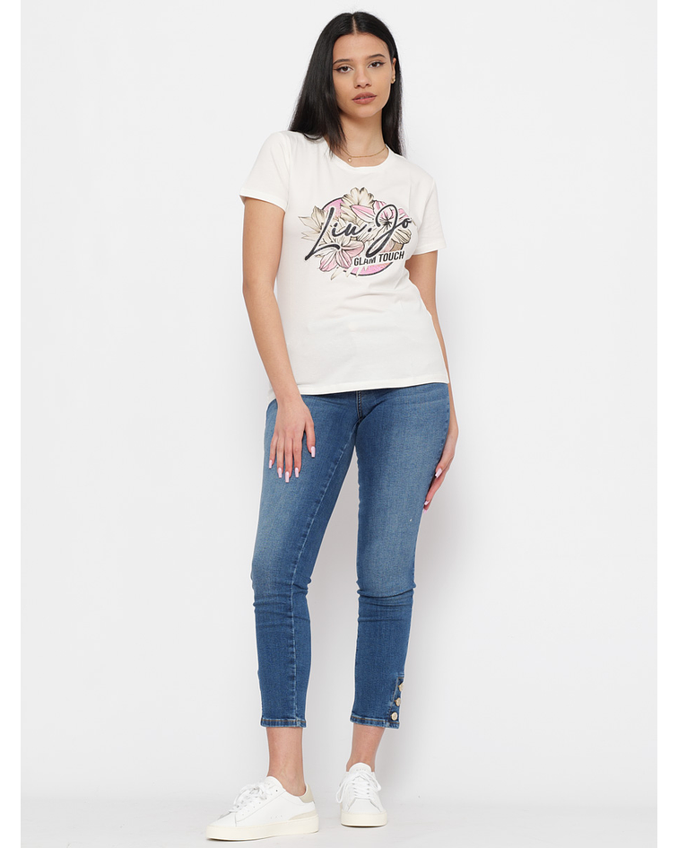 T-shirt com Estampa e Logo com Strass Branco - Liu Jo