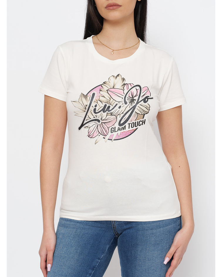 T-shirt com Estampa e Logo com Strass Branco - Liu Jo