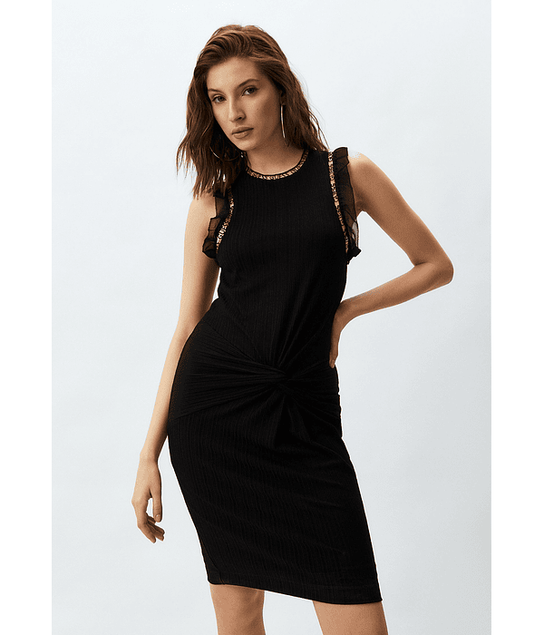 Vestido com Folho Olga Preto - Guess