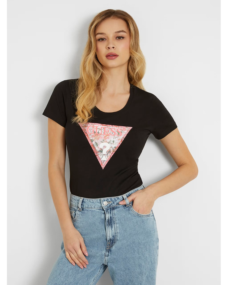 T-shirt Triângulo Floral Cetim Preto - Guess