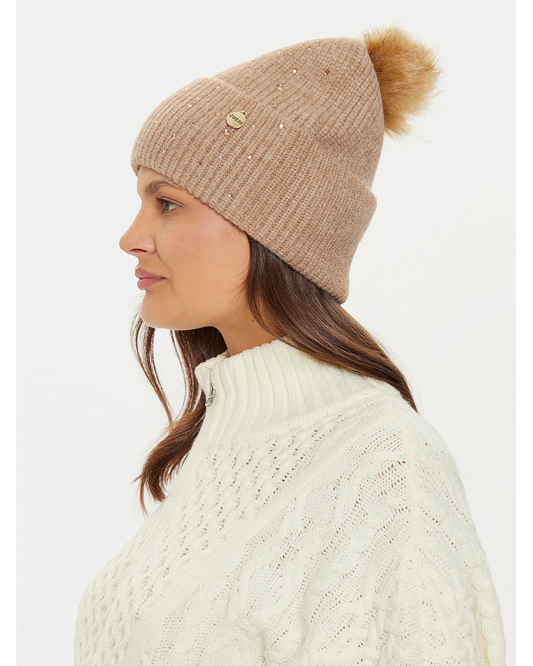 Gorro com Brilho e Pompom Bege - Guess