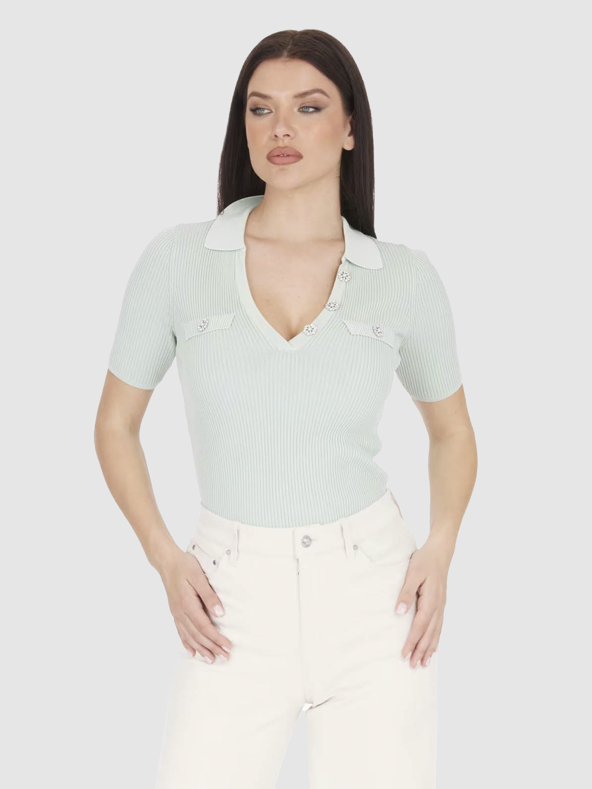 Blusa Paula Canelada Botões Strass Verde Menta - Guess 1