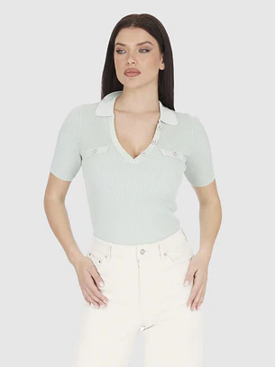 Blusa Paula Canelada Botões Strass Verde Menta - Guess