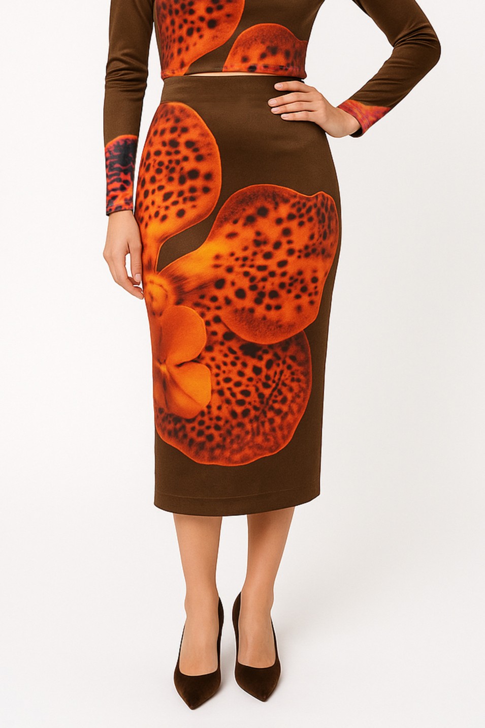 Saia Midi em Veludo Orquídea Castanho - SAHOCO 1