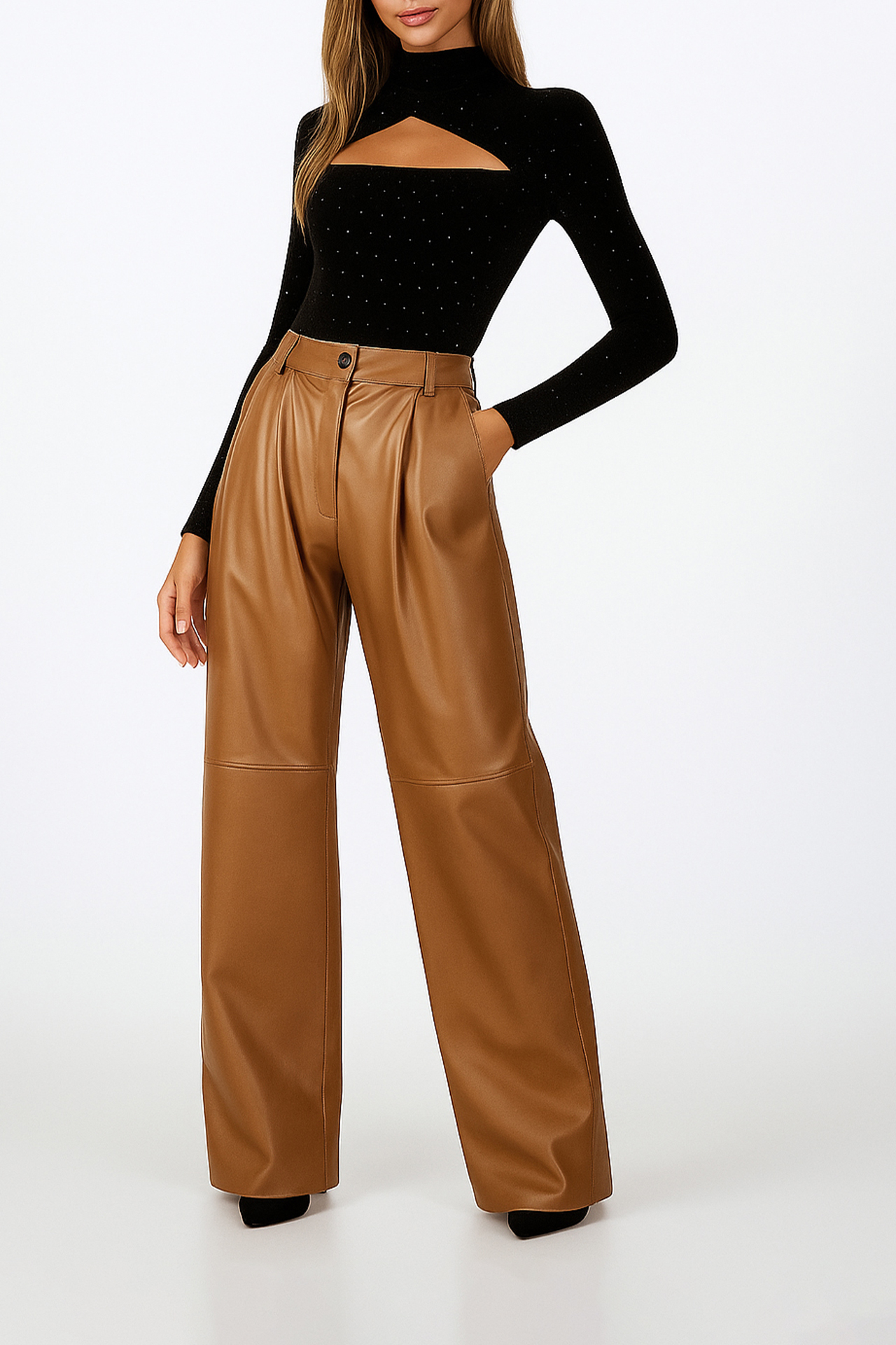 Calças Eco Pele Largas Camel - SAHOCO  6