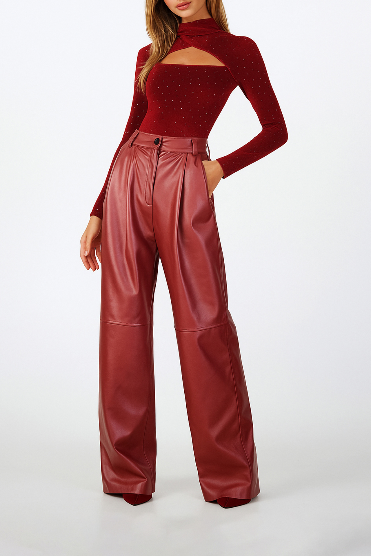 Calças Eco Pele Largas Bordeaux - SAHOCO  5