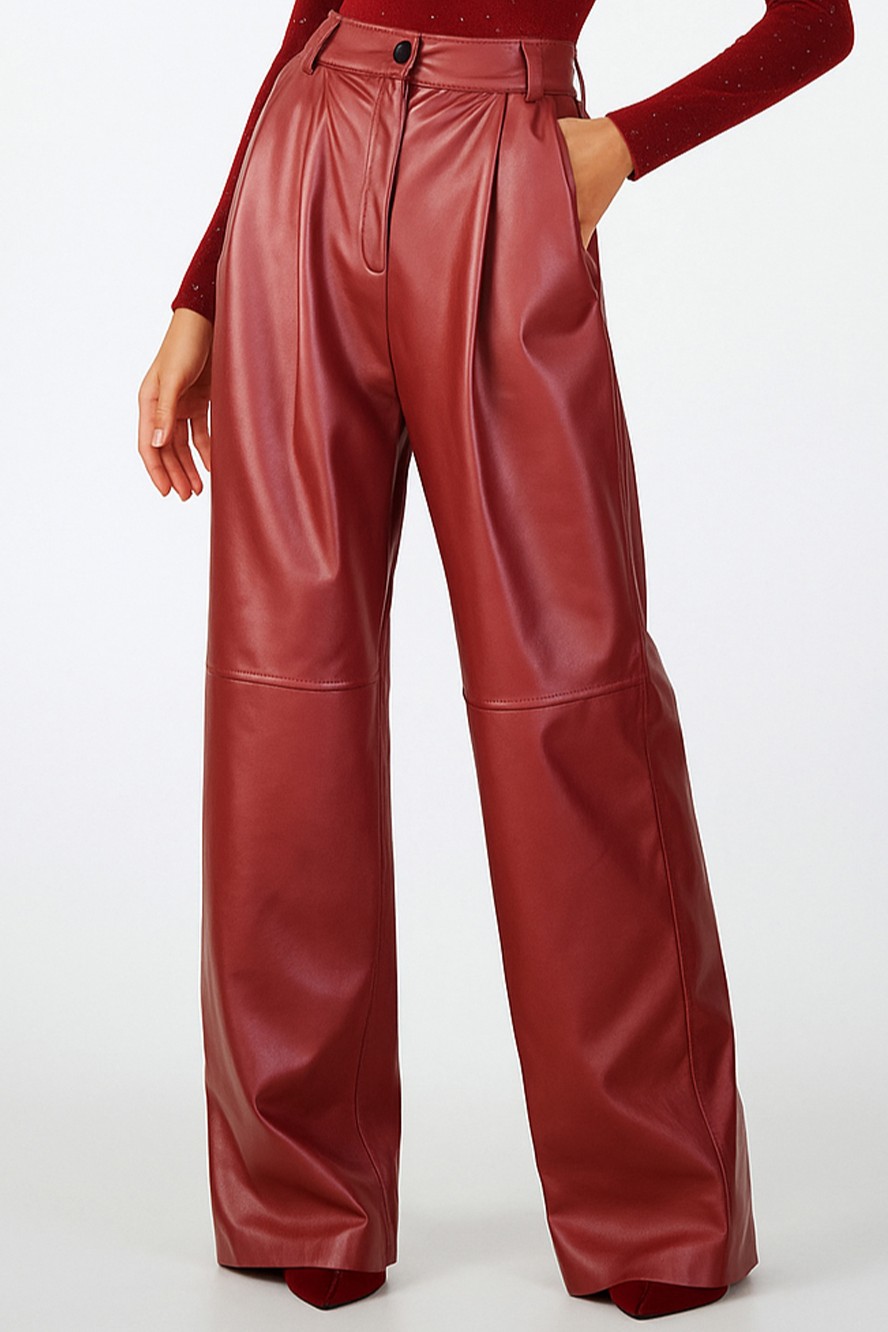 Calças Eco Pele Largas Bordeaux - SAHOCO  1