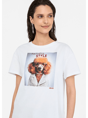 T-shirt Branca Poodle com Strass  - LIU JO 