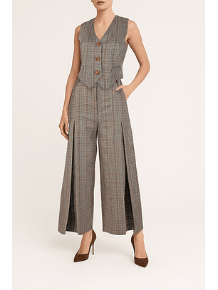 Calças Príncipe de Gales com Pregas Frontais Castanho - SAHOCO