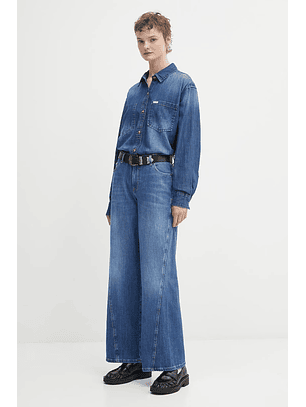 Calças Wide Leg com Costura em Ganga - Guess Jeans