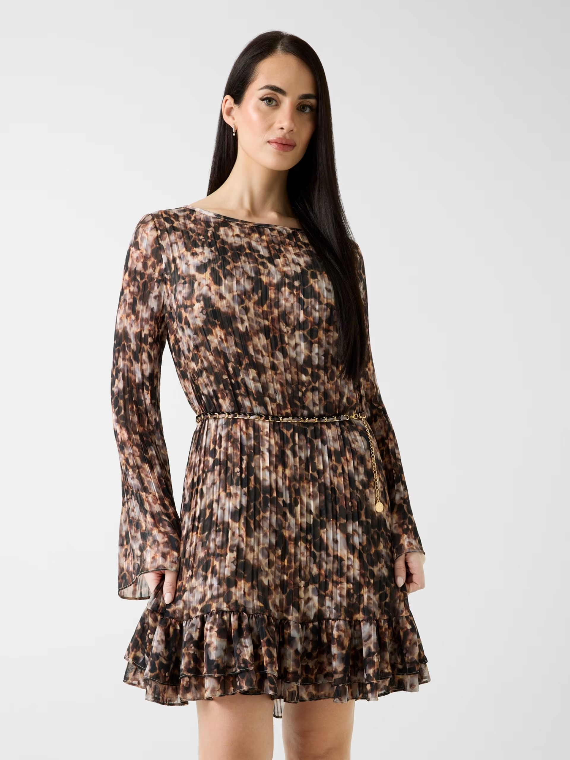 Vestido Curto Plissado ILENIA Castanho - Guess  1