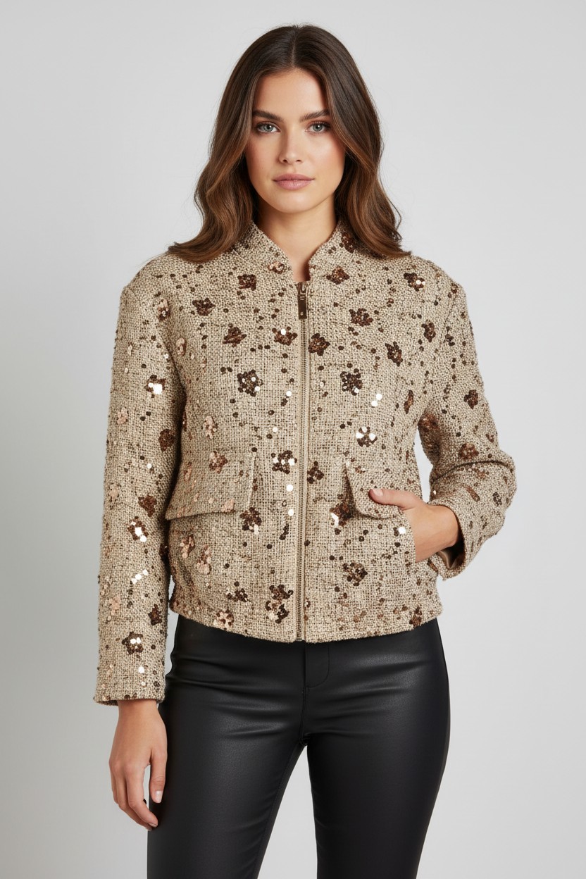 Casaco Bomber com Lantejoulas Bege - SAHOCO  1