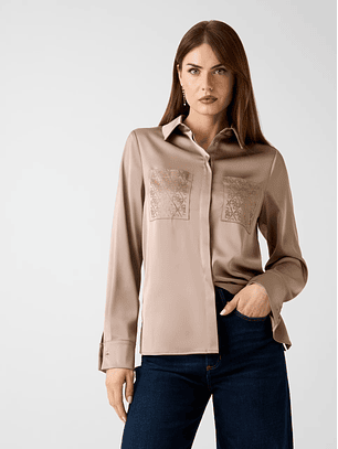 Camisa Acetinada Logo em Strass Taupe - Guess