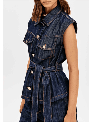 Colete em Ganga Escura com Cinto  - Lança Perfume 