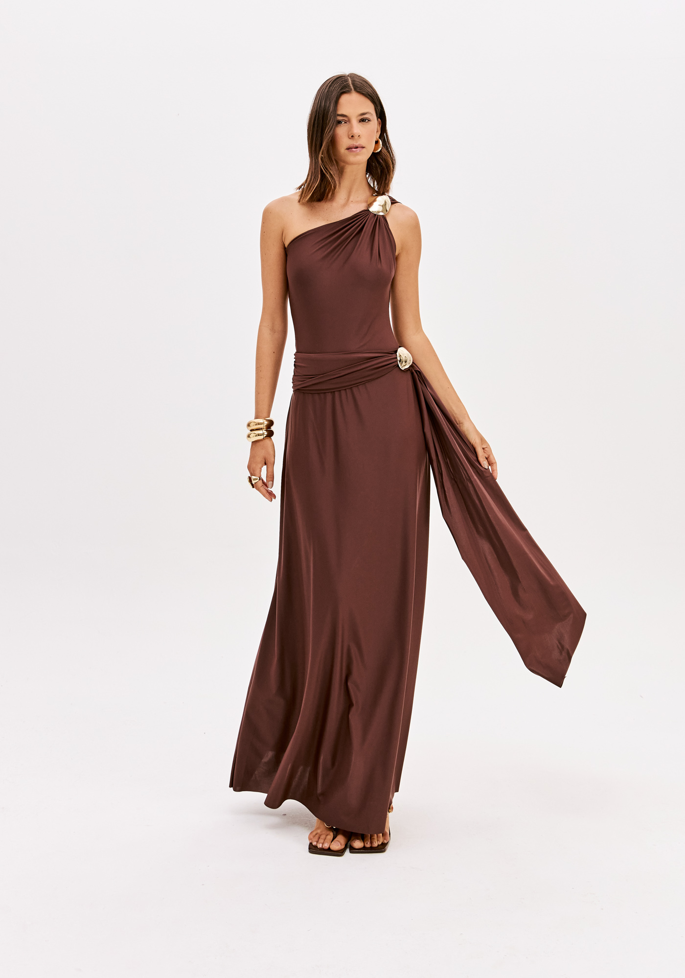 Saia Midi em Castanho com Aplicação Dourada  - Lança Perfume  2