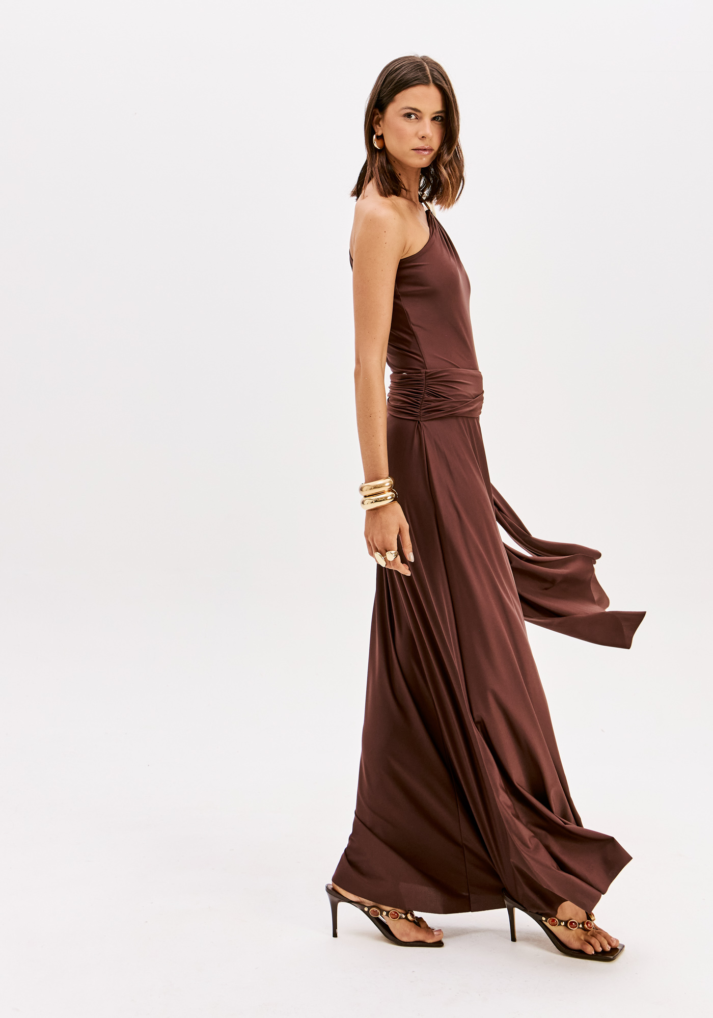 Saia Midi em Castanho com Aplicação Dourada  - Lança Perfume  4