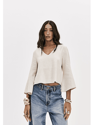 Blusa em Linho com Manga Creme - Lança Perfume