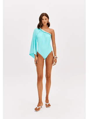 Body Só de 1 Manga Malha Fria Azul Turquesa - Lança Perfume 