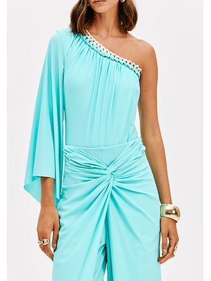 Body Só de 1 Manga Malha Fria Azul Turquesa - Lança Perfume 