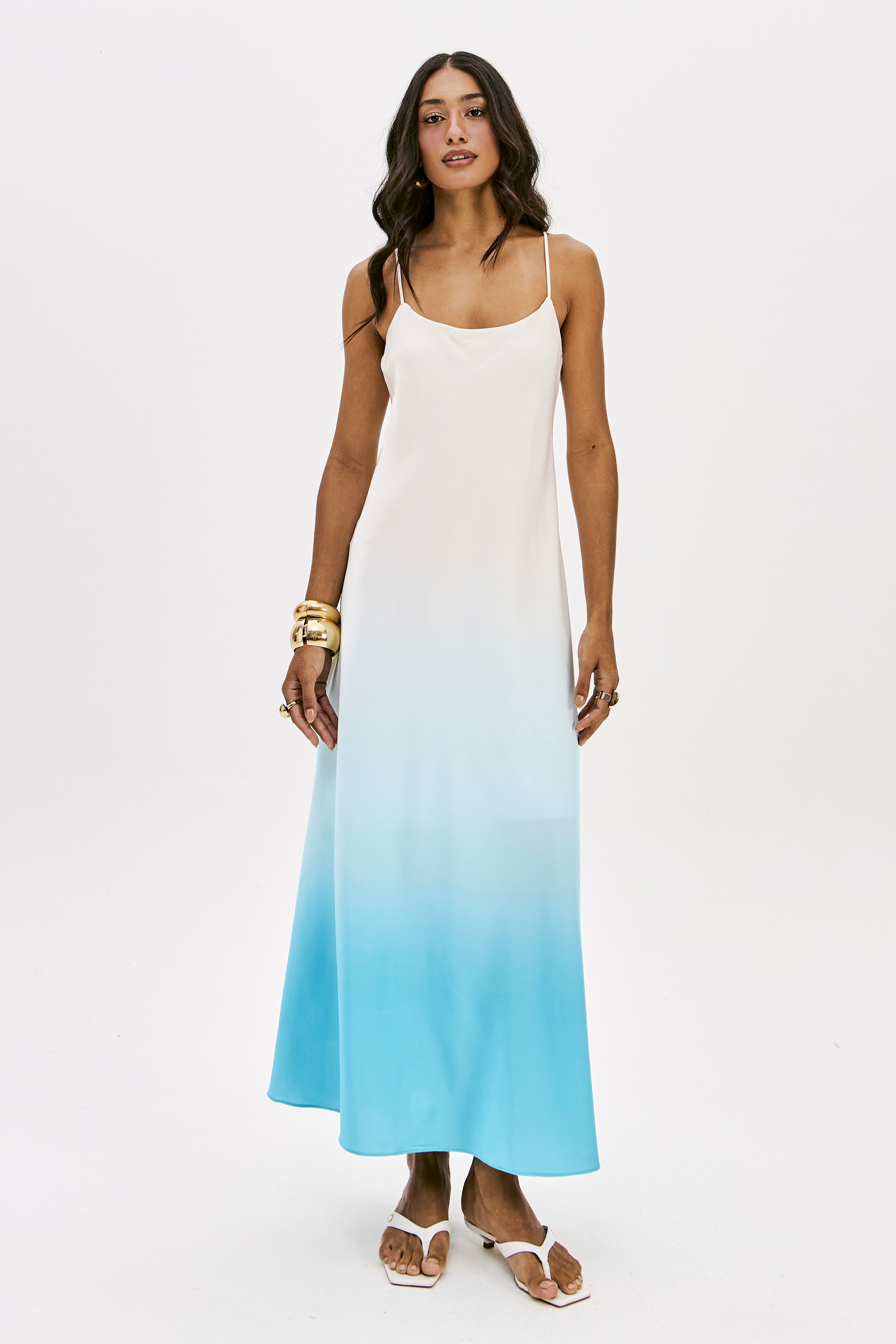 Vestido Comprido Acetinado Degradê Azul - Lança Perfume 1