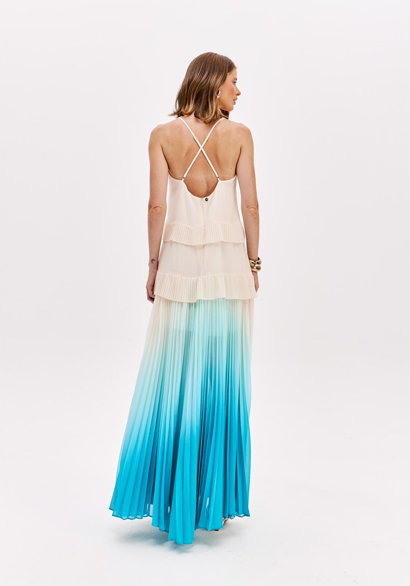 Vestido Plissado Comprido Degradê Azul - Lança Perfume  2