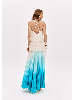 Vestido Plissado Comprido Degradê Azul - Lança Perfume 