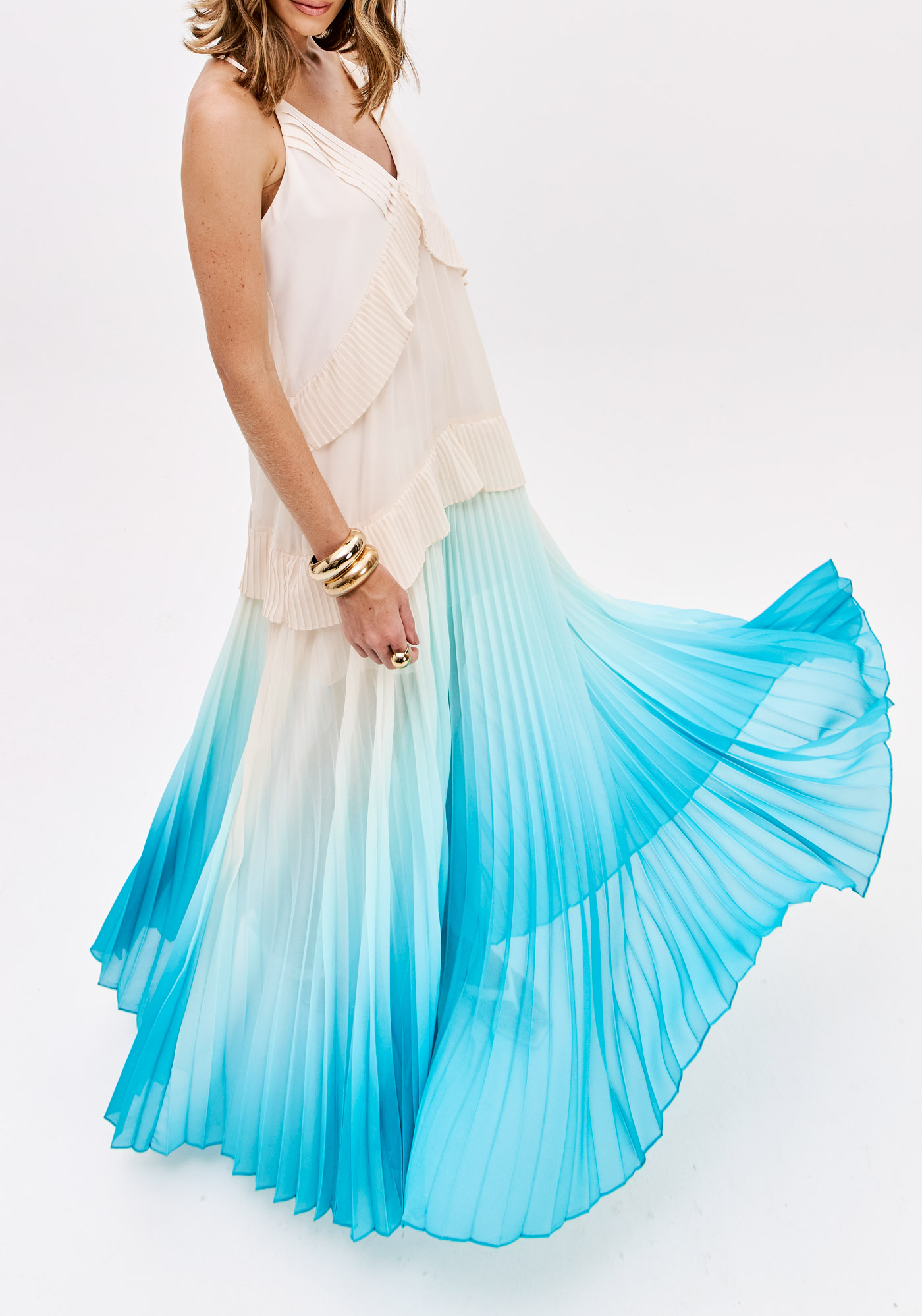 Vestido Plissado Comprido Degradê Azul - Lança Perfume  3